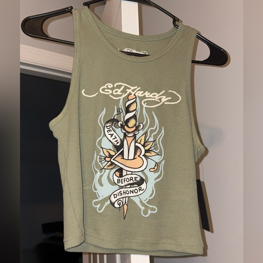 Ed Hardy Sage Green Graphic Tank